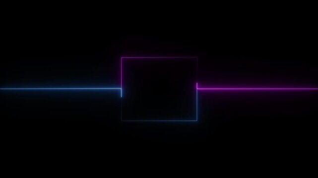 Abstract black background, neon box with glowing neon lines on black background. Glowing Neon light frame rectangle loading icon background.