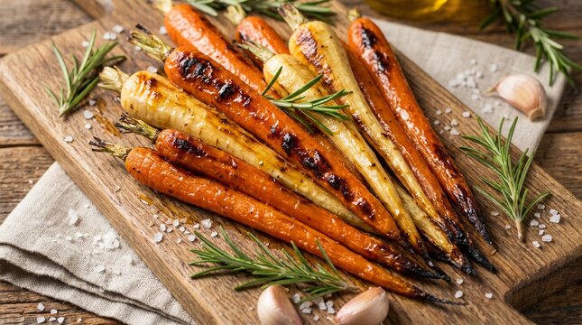 Close up of roasted root vegetables with carrots parsnips rosemary and garlic on a wooden board