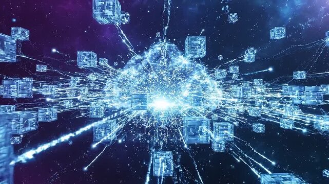 Glowing digital cloud network streams data between servers and cubes in futuristic cyberspace, with bright central burst, connected nodes, and moving technology particles across dark space