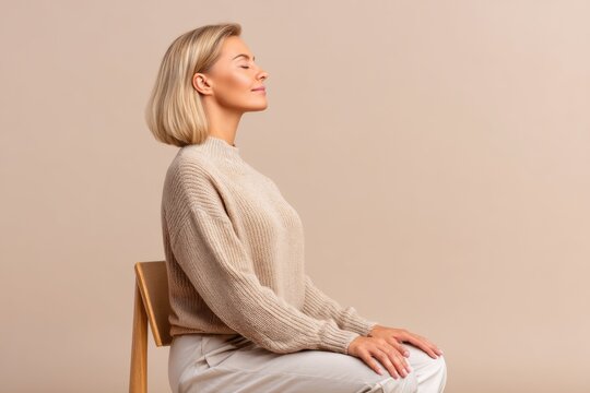 Woman sitting on chair with eyes closed practicing deep breathing exercise. Relaxation technique for pelvic floor health and wellness. Calm adult female resting in meditation pose.