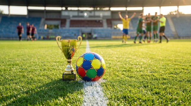 Soccer ball and trophy on a green field with players celebrating