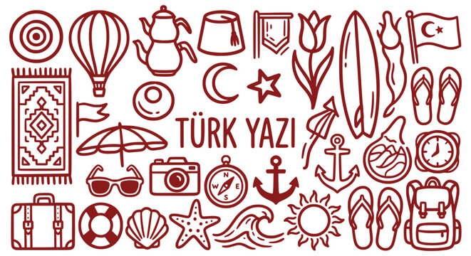 Turkish summer outline doodles. hot air balloon, tea pot, fez hat, tulip, rug, moon star, flag, evil eye. for turkey travel guides, istanbul tourism posters. dark red line vector art.