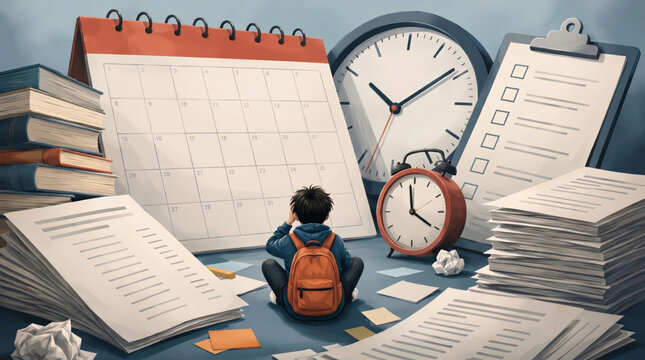 Student overwhelmed by huge calendar, clock and paperwork. School stress, deadline pressure and exam preparation concept.