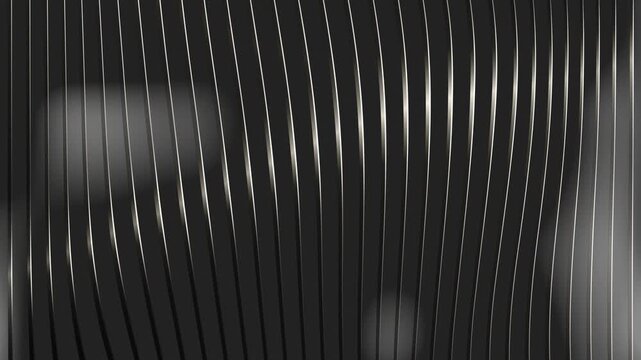 Abstract moving metallic lines creating wavy patterns. Dynamic curves flowing across dark surface. Industrial background and modern tech visualization of ripple effect.
