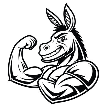 Vector illustration strong donkey mascot character flexing muscles, vector illustration of a powerful donkey for sports team logo