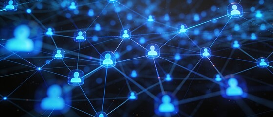Obraz premium A network of glowing blue human connections forms a web of relationships in a dark space.