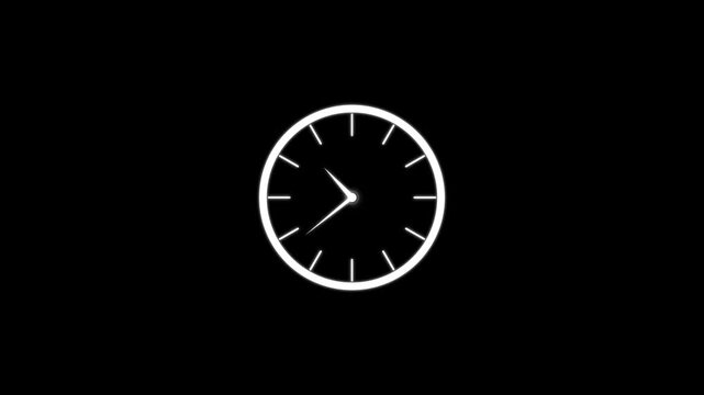 A simple white clock face with thin hands indicating time against a solid black background for motion and digital production use