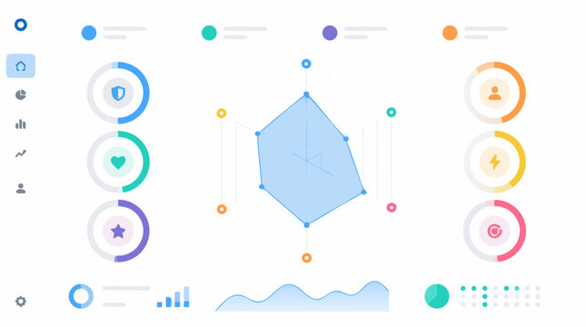 Clean flat vector illustration of an analytics dashboard with radar chart, circular metrics and sidebar icons on a light background for SaaS reporting interfaces.