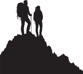 Obraz premium Hikers stand at the summit of a mountain peak while carrying heavy travel backpacks to signify a successful expedition.