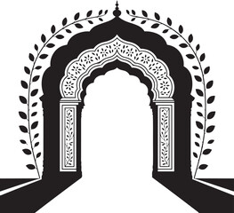 Fototapeta premium Traditional ornate Mughal arch gate silhouette with decorative floral motifs and leaf wreath