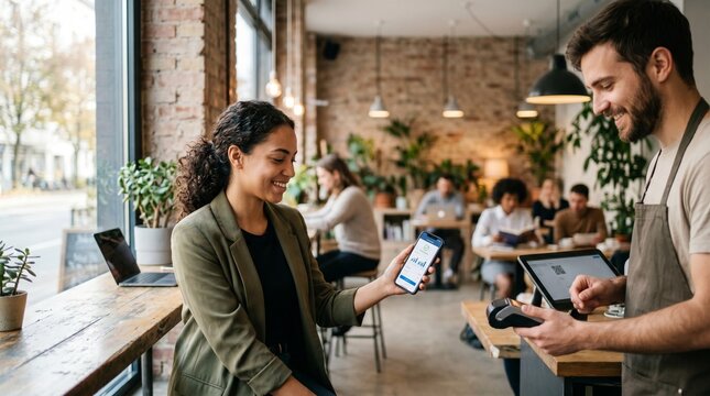 Customer paying with mobile phone at a coffee shop counter