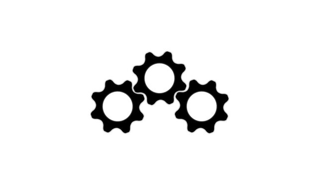 Three interconnected black gears centered on a plain white background representing mechanical systems and industrial collaboration concepts