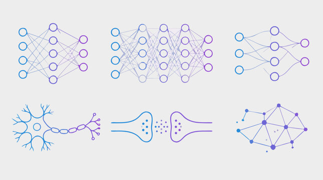 Clean flat vector illustration on a light background showing neural networks, a neuron, synapse and data node diagrams for AI, machine learning or neuroscience presentations.