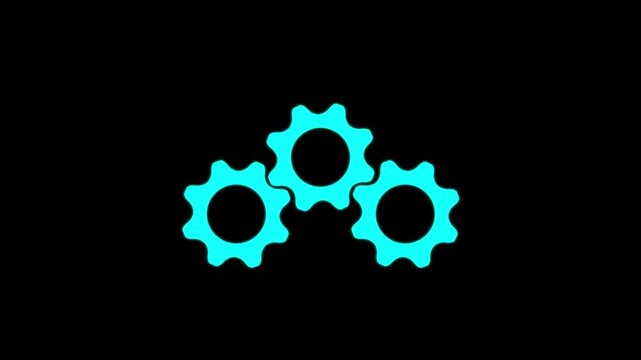 Three interconnected cyan gears centered on a solid black background representing digital technology and futuristic mechanical system concepts