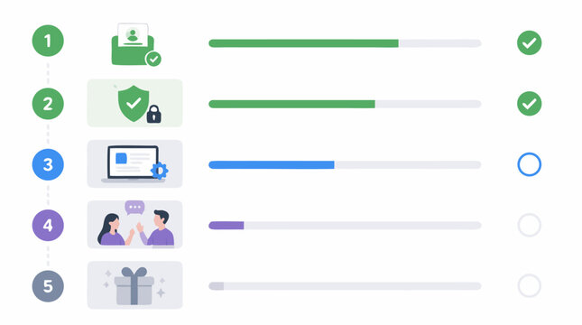 Clean flat vector illustration of a five step onboarding checklist with progress bars, security and profile icons on a light background for app workflow or signup design.