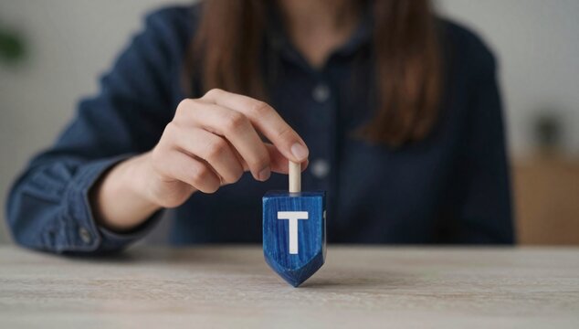 Hand spins a blue and white dreidel on a wooden table for Hanukkah celebration