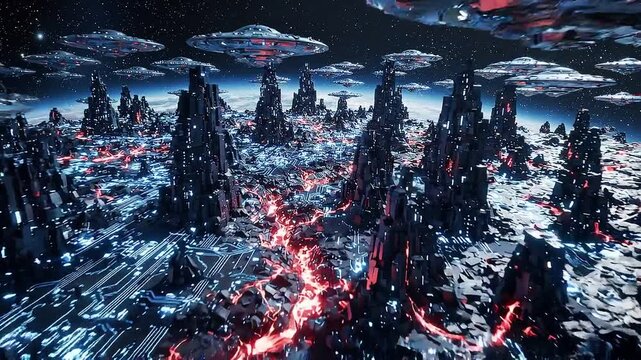 Futuristic alien fleet hovers above circuit city as metallic saucers glide over glowing red fissures, dark spires, and vast sci fi landscape beneath starry sky, suggesting advanced invasion from above