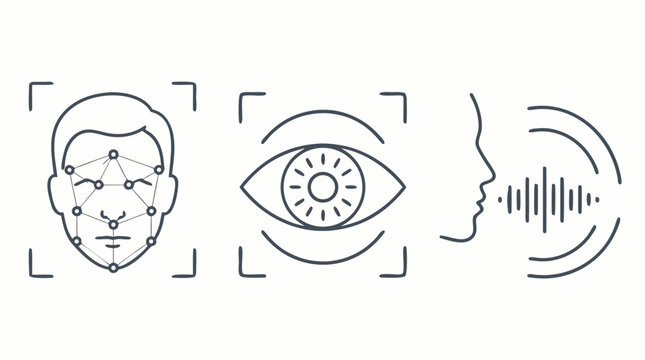 Clean flat vector illustration of biometric authentication with face scan, iris recognition and voice verification on a light background for cybersecurity interfaces.