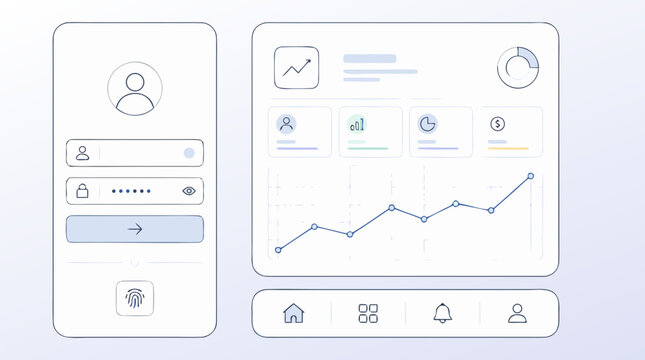 Clean flat vector illustration of a secure login screen and analytics dashboard on a light background, ideal for fintech app, SaaS, or UI design promotions.