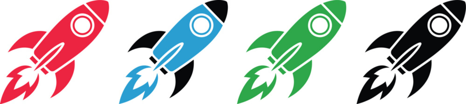 Startup Rocket Launch Icon Set Featuring Business Growth, Innovation, and Success Vector Symbols