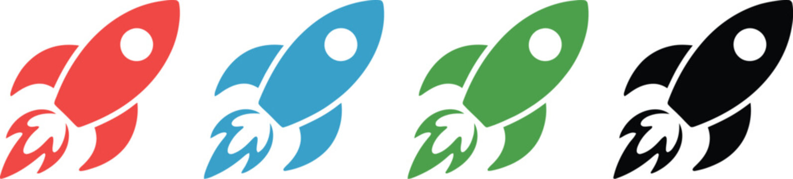 Startup Rocket Launch Icon Set Featuring Business Growth, Innovation, and Success Vector Symbols