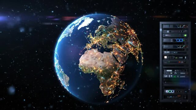 Global communication network visualization with lights connecting major cities across earth with server rack in space.