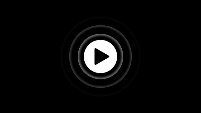 A white play button centered inside concentric circles on a black background representing media playback and digital interface controls