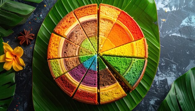 Artistic arrangement of rainbow cake slices in a circle.