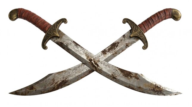 Two crossed swords with weathered metal blades and ornate brass hilts isolated on white background art.