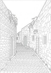 Obraz premium Old European Town Narrow Street Coloring Page Illustration with Cobblestone Path and Stone Buildings