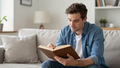 Fototapeta premium Young man engrossed in reading a book on the couch at home during the daytime