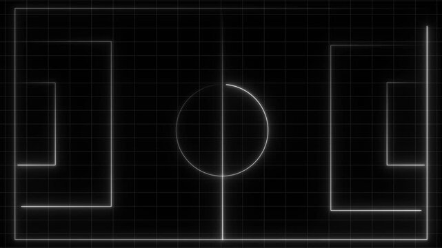Glowing white neon lines forming a soccer field diagram on a dark grid background representing a tactical sports strategy or game plan analysis