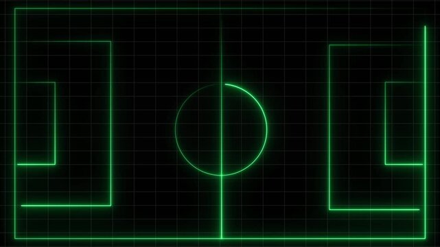 Glowing green neon lines forming a soccer field diagram on a dark grid background representing a tactical sports strategy or game plan analysis