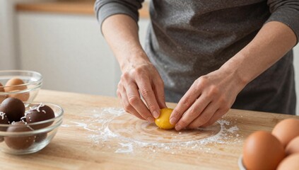 Fototapeta premium Person separating egg yolk from egg white while baking in the kitchen