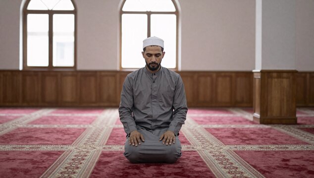 Muslim man is kneeling and praying inside of a mosque with windows and red carpet