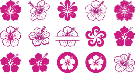 Tropical Hibiscus Flower Icon Sheet with Pink Floral Silhouettes and Monogram Frames for Hawaiian Summer Party Graphics and Botanical Silhouette Layout DesignsTropical Hibiscus Flower Icon Sheet with  © BijoyChandra