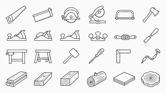 Clean flat vector illustration on a light background showing carpentry hand tools, saws, planes, drills and lumber icons for woodworking workshop or hardware catalog design.