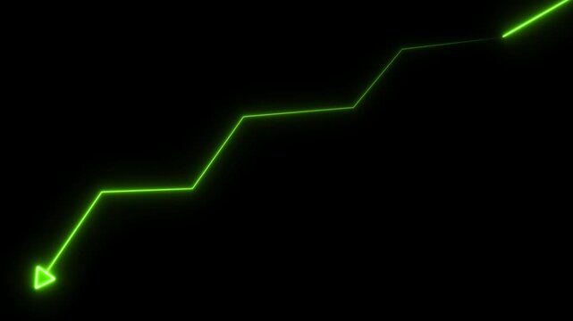 Glowing neon green line graph moving downwards with an arrow head indicating financial decline and negative market trends on a solid black background