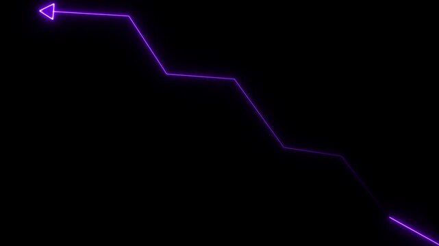 Glowing purple neon line graph showing a downward trend with an arrow pointing left on a solid black background for financial data analysis