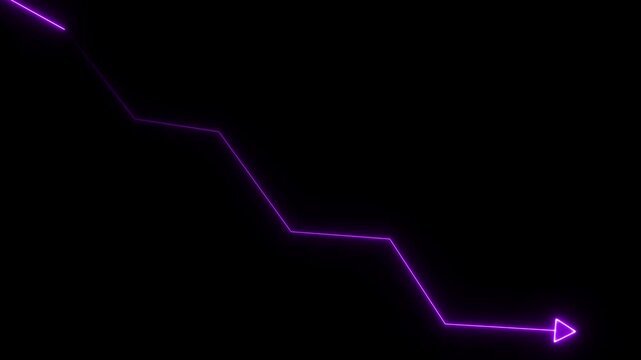 Glowing purple neon line graph showing a downward trend with an arrow pointing to the bottom right corner on a solid black background