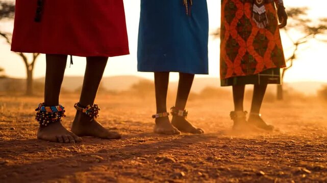 Celebrating Ancestors and Traditions: Maasai People Dancing Outdoors with Colorful Clothing and Beadwork
