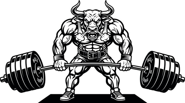 Angry Muscular Bull Mascot Lifting Heavy Barbell Plate Weights for Bodybuilding Gym Logos Fitness Centers and Aggressive Weightlifting Graphic DesignsAngry Muscular Bull Mascot Lifting Heavy Barbell P