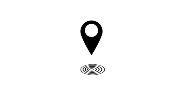 Black map location pin with concentric circles at the base indicating a point of interest on a solid white background