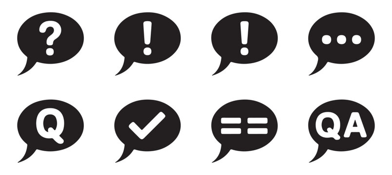 Chat speech bubble icons set with question mark exclamation mark checkmark and qa typography.