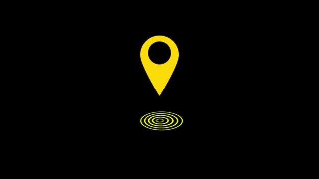 Yellow map location pin with concentric circles at the base indicating a point of interest on a solid black background