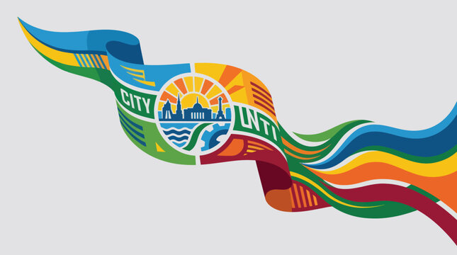 Abstract flowing ribbon with city icon