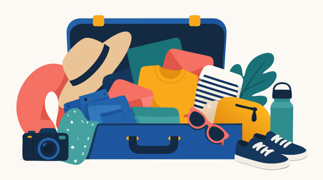 Clean flat vector illustration on a light background showing an open suitcase packed with clothes, hat, camera, shoes and travel accessories for vacation planning promotions.