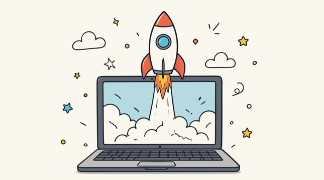 Clean flat vector illustration on a light background showing a rocket launching from a laptop, ideal for startup launch, innovation, and digital growth promotions.