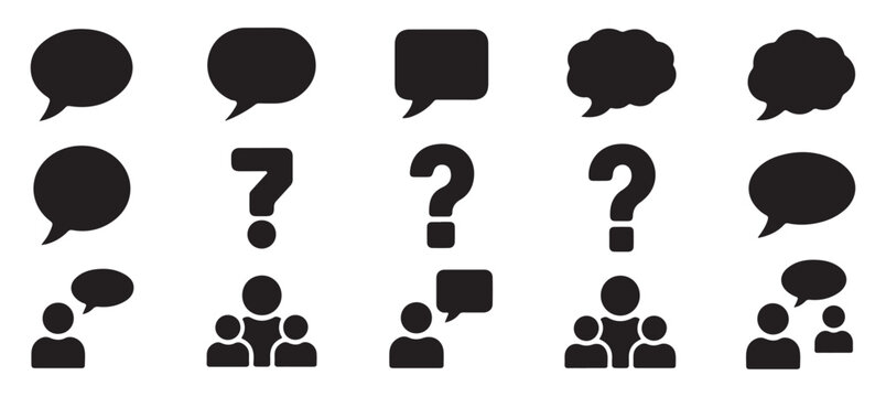Vector collection of chat bubbles question marks exclamation points and people icons.