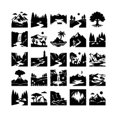 Obraz premium Nature Landscape Icons, Black Silhouette Symbols, Outdoor Elements, Vector Graphics